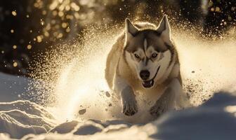 A dog is running through the snow with its mouth open, creating a cloud of snow photo