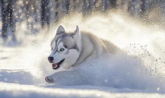 A dog is running through the snow with its tongue out photo