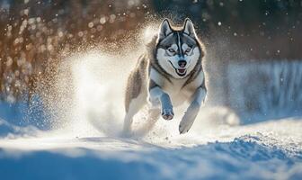 A dog is running through the snow with its tongue out photo