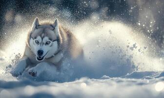 A dog is running through the snow with its mouth open and teeth bared photo