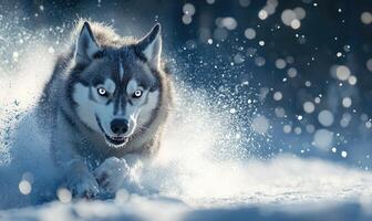 A dog is running through the snow with its mouth open photo