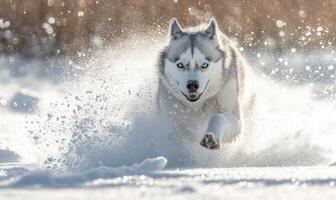 A dog is running through the snow, leaving a trail of water behind it photo