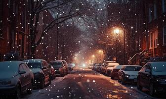 A snowy street with cars parked on both sides photo