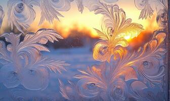 A window with frosted glass and a sun setting in the background photo