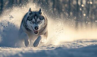 A dog is running through the snow with its mouth open photo