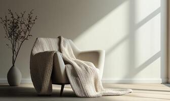 A white chair with a blanket draped over it sits in a room with a large window photo