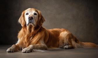 A golden retriever lays on the ground with its head tilted to the side photo