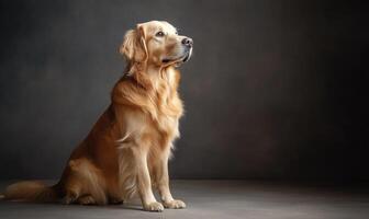 A golden retriever is sitting on the ground with its head up photo