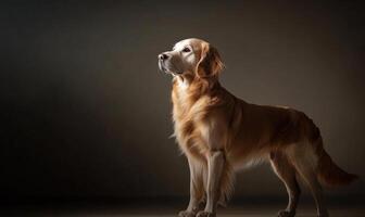 A large golden retriever stands in front of a dark background photo