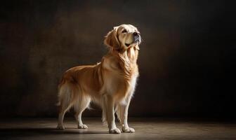 A golden retriever is standing in front of a wall, looking up at the camera photo