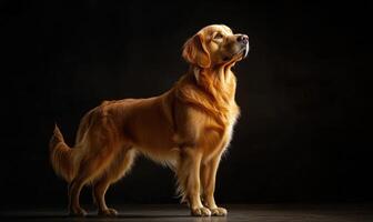A large golden retriever stands in front of a black background photo
