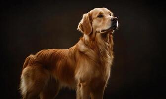 A brown dog stands in front of a dark background photo