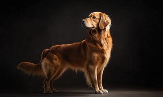 A large brown dog stands in front of a black background photo