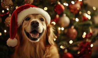 A dog wearing a Santa hat is standing in front of a Christmas tree photo