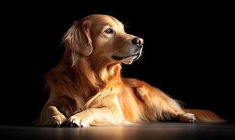 A golden retriever lays on the ground, looking up at the camera photo