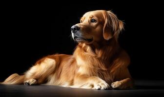 A golden retriever is laying on the ground in a dark room photo