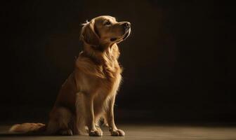 A golden retriever is sitting on the ground and looking up photo
