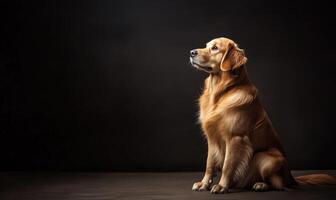 A brown dog is sitting on a dark surface photo
