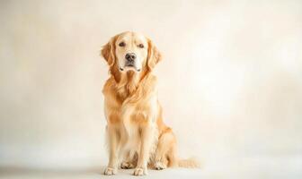 A golden retriever is sitting on a white background photo