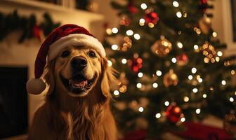 A dog wearing a Santa hat is standing in front of a Christmas tree photo