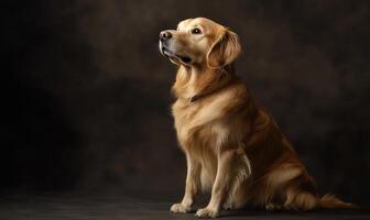 A golden retriever is sitting on the ground and looking up at the camera photo
