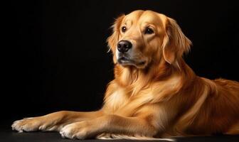 A golden retriever is laying on the ground, looking up at the camera photo