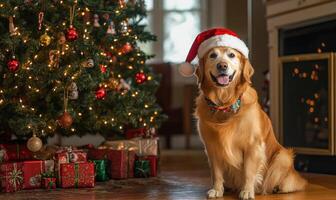 A dog wearing a Santa hat is sitting in front of a Christmas tree photo