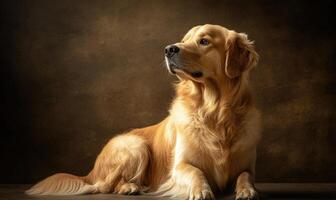A golden retriever is laying down on a table photo