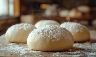 A close up of four dough balls with powdered sugar on top photo