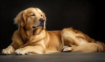 A golden retriever lays on the ground, looking up at the camera photo