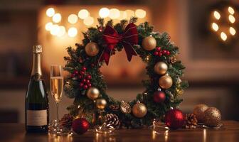 A wreath of Christmas decorations sits on a table next to a bottle of champagne photo