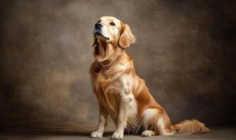 A golden retriever is sitting on the ground with its head up photo