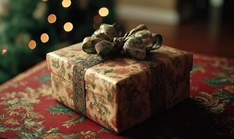 A box with a bow on top of a red carpet photo