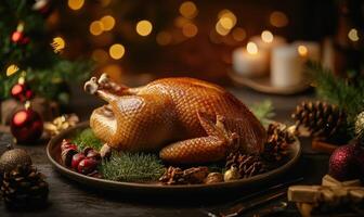 A large roasted turkey is sitting on a plate with pine cones photo