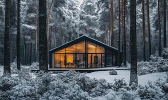 A cozy cabin in the woods with a fireplace and a view of the snow-covered trees photo