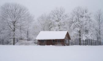 A small cabin is covered in snow and sits in a field photo