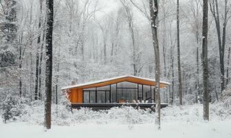 A small house with a slanted roof sits in a snowy forest photo