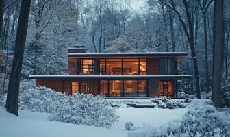 A large house with a lot of windows and a fireplace photo