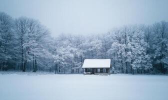 A cabin is in the snow with trees in the background photo