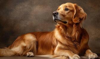 A golden retriever is laying on the ground, looking up at the camera photo