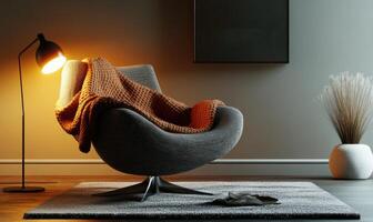 A chair with a blanket draped over it sits in a room with a lamp on a table photo