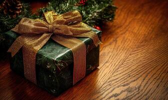 A green box with gold ribbon sits on a wooden table photo