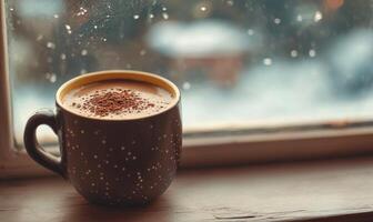 A mug of hot chocolate sits on a windowsill, with a view of snow outside photo