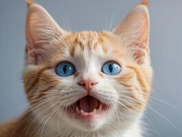 Close-up of a White and Orange Kitten with Blue Eyes Yawning photo
