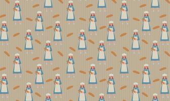 baker with chef hat and bread in hand pattern vector