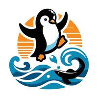 A penguin jumping over waves and a shark vector