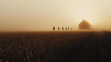 In the early morning fog, five riders on horseback traverse a field, approaching a tranquil farmhouse. The soft light filters through the mist, creating a serene and peaceful atmosphere. photo