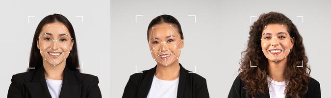 Three women are smiling while wearing professional outfits. The setting features a neutral background, and their faces are highlighted with facial recognition overlays. photo