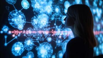 A woman stands in a dimly lit room, gazing thoughtfully at a vivid display of interconnected digital nodes and networks, conveying themes of technology and innovation at an exhibition. photo