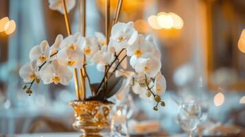 A close-up of white orchids in a gold vase, set as a centerpiece on a table at an event. The background is blurred, highlighting the delicate flowers. photo